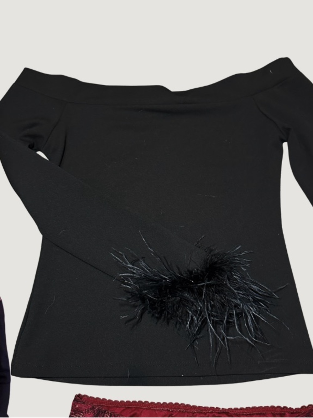 Women's Black Off-Shoulder Top with Feather Cuffs